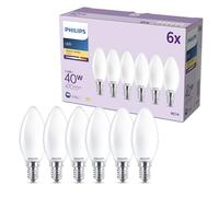Philips LED Light Bulb, 6 Pack, B35, E14, 470 Lumens, 40W, Candle Design, Long Lifetime, Warm White Light 2700K, Frosted Bulb