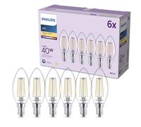 Philips LED Light Bulb, 6 Pack, B35, E14, 470 Lumens, 40W, Candle Design, Long Lifetime, Warm White Light 2700K, Clear Bulb