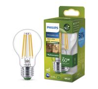 PHILIPS LED Light Bulb Classic, UltraEfficient, 60W, 840Lm, A60, E27 2700K, Clear Glass, dimmable