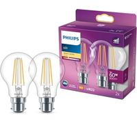 Philips LED Premium Classic A60 Clear Light Bulb 2 Pack [B22 Bayonet Cap] 60W, Warm White 2700K, Non Dimmable