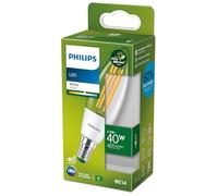 Philips LED Ultra Efficient Candle Light Bulb A Label Energy Rating [White 3000K - E14 Small Edison Screw] 40W B35 Clear. for Indoor Home Lighting.