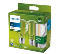 Philips LED Ultra Efficient Light Bulb 2 Pack A Label Energy Rating [White 3000K - E27 Edison Screw] 40W A60 Clear. for Home Lighting.