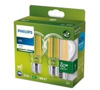 Philips LED Ultra Efficient Light Bulb 2 Pack A Label Energy Rating [White 3000K - E27 Edison Screw] 60W A60 Clear. for Home Lighting., 929003066791