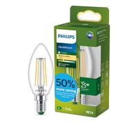 Philips LED UltraEfficient Clear B35 Candle Filament Bulb, E14 Small Edison Screw, Energy Class A, 252 lm, 25W Equivalent, Warm White (2700K), EyeComfort, 50,000 Hours, 1 Pack