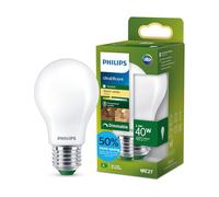 Philips LED UltraEfficient Frosted A60 Bulb, E27 Edison Screw, Energy Class A, 485 lm, 40W Equivalent, Warm White (2700K), Dimmable, EyeComfort, 50,000 Hours, 1 Pack