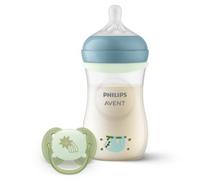 Philips Avent Natural Response Nighttime Set - 9 oz/260 ml Bottle with Medium Flow Teat (Flow 3), with Glow-in-the-Dark Ring Accessory, Ultra Soft Nighttime Dummy, Sleepy Sloth Design, SCD838/17