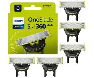 Philips OneBlade Authentic 5x 360 Blade Replacements - Fits ALL OneBlade handles - Durable Stainless Steel- 20- month supply, Model QP450/50