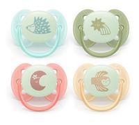 Philips Avent Ultra Soft Nighttime Soothers - Orthodontic Design, for Babies 0-6 Months, Glow in The Dark, Flexible Shield, Symmetrical Silicone Teat, BPA-Free, Sterilising Cases, 4 Pack, SCF094/07