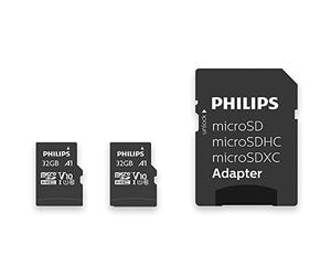 Philips SDHC Card 2-Pack 32GB + SD Adapter UHS-I U1 Reads up to 80MB/s A1 Fast App Performance V10 for Smartphones, Tablet PC, Card Reader 2 x 32GB