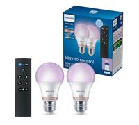 Philips Smart Lighting, LED RGB A60 Light Bulb with Remote, 2 Pack | Colour and Tunable White Light 2200-6500 K, E27 Base, 806 Lm, Low Dimming, Bluetooth App Controlled, With Remote, Smart Home