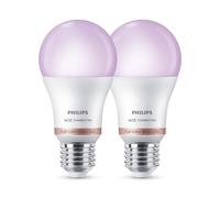 Philips Smart Lighting, Smart LED RGB A60 Bulb, 2 Pack, E27 Base, 1521 lm, Color and Tunable White Light 2200-6500 K, Low Dimming, Connected by WiZ, Alexa, Google Home, Apple Home