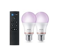 Philips Smart Lighting, Smart LED RGB A60 Bulb with Remote, 2 Pack, E27 Base, 806 lm, Color and Tunable White Light 2200-6500 K, Low Dimming, Connected by WiZ, Alexa, Google Home, Apple Home