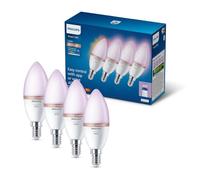 Philips Smart Lighting, Smart LED RGB C37 Bulb, 4 Pack, E14 Base, 470 lm, Color and Tunable White Light 2200-6500 K, Low Dimming, Connected by WiZ, Alexa, Google Home, Apple Home