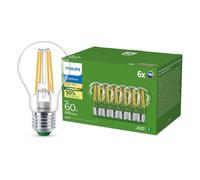 Philips Ultra Efficient LED Bulb, Energy Efficiency Class A, with E27 Socket, 60W, Clear, Warm White 2700K, 6 Pack