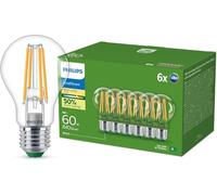 Philips Ultra Efficient LED Bulb, Energy Efficiency Class A, with E27 Socket, 60W, Clear, Warm White 2700K, 6 Pack