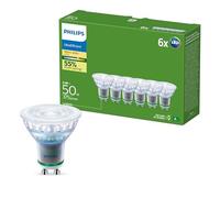PhilipsUltraEfficientLED GU10Spotlights, 6 Pack,375 Lumens, 50 W,Flicker-Free,EyeComfort, Long Lifetime, Warm White Light 2700K