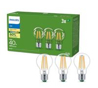 Philips Clear Ultra-Efficient Filament LED Bulb (3 Pack), 2.3W Equivalent to 40W, E27, Warm White Light 2700K, Energy Efficiency A