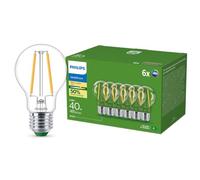 PHILIPS Ultra Efficient - Ultra Energy Saving Lights, E27 LED Light Source, 40W, A60, Warm White, Pack of 6, Clear