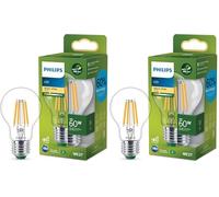 Philips Ultra Efficient - Ultra Energy Saving Lights, LED Light Source, 60W, A60, E27, Warm White 2700 Kelvin, Clear (Pack of 2)