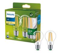 Philips Ultra Efficient - Ultra energy saving lights, LED light source, 60W, E27, A60, Clear glass, warm white light, 2700 kelvin, non dimmable, 2-pack