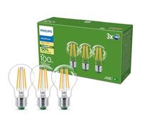 Philips UltraEfficient LED Light Bulb, 3 Pack, A60, E27, 1535 Lumens, 100W, Energy Saving, EyeComfort, Long Lifetime, Warm White Light 2700K, Classic Design, Clear Bulb