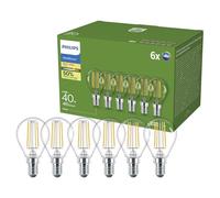 Philips UltraEfficient LED Light Bulb, 6 Pack, P45, E14, 485 Lumens, 40W, Energy Saving, EyeComfort, Long Lifetime, Warm White Light 2700K, Classic Design, Clear Bulb