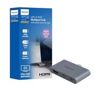 Philips USB-C Multiport Hub, with 4K HDMI Display, 10bps and 2 5Gbps USB-A Data Ports, 100 Watt Power delivery, Multi Device Connector, for Phone, Tablet or Laptop, Gray/Silver, SWL3303M/37