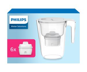 Philips Water carafe filtrante Philips +6 cartouches filtrantes de Remplacement Micro X-clean, dAbit Rapide, Blanc, 2,6 litres, minuterie Alectroniqu
