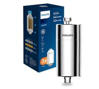 Philips Water in-Line Shower Filter and 3 Replacement cartridges, 50 000 L Filtration Capacity, Chrome, Reduces Chlorine by up to 99%, Easy to Install, fits All Standard Hoses and taps