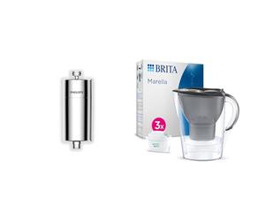 Philips Water - in-Line Shower Filter, Reduces Chlorine by up to 99%, Easy to Instal & BRITA Marella Water Filter Jug Starter Pack - Graphite (2.4L) incl. 3X MAXTRA PRO