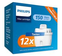 Philips Water Replacement Filter Cartridges Taste+, 12-Pack, Brita Compatible, Reduces MICROPLASTICS, Chlorine, LIMESCALE, Heavy Metals