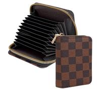 Philo Fun Compact Credit Card Organizer for Women, Brown Checkered RFID Blocking Wallet with Zipper, 9 Card Slots and 2 Cash Slots