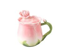 Philo Fun Pink Rose Flower Mug for Women, 13.5 Oz Enamel Rose Flower Shaped Coffee Tea Mug Porcelain with Lid