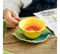 Philo Fun Sunflower Tea Cup and Saucer Set 6 Oz, Enamel Flower Porcelain Coffee Cup Saucer Set with Spoon for Women, Hand Crafted Tea Set (Sunflower)