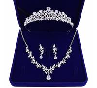 PHILSP Bride Silver/Gold Necklace Earrings Crown Set Crystal Bridal Wedding Jewelry Sets Zircon Choker Tiara,for Women Silver