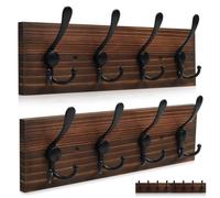 PHINGEER 31.5" Large Coat Rack Wall Mount Coat Hooks with 8 Black Metal Triple Hooks, 1.4cm Thick Solid Pine Wood Wall Hooks for Hanging (Brown, 4 Hooks)