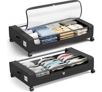 PHINOX Fabric Under Bed Storage on Wheels, Under the Bed Drawer with Clear PVC Lid for cloth, shoes,toys, Space Saving, 2 Pack- 29.13 * 16.54 * 6.22 inches (Black)