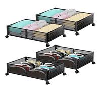 PHINOX Metal Under Bed Storage Box, Under the Bed Storage on Wheels,Tool-free Assembly,Foldable rolling under bed drawer for cloth, shoes,toys, Space Saving, Black, 4 Pack-23.6 * 15.75 * 6.22 inches