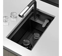 PhIree Black Bar Sink with Cup Washer Coffee Room Small Sink with Lid Hidden Black Sink Adjustable Faucet Complete Accessories/Black/46X28X22.5Cm