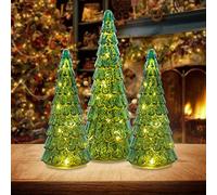 PHITRIC Christmas Decorations Indoor, 3 pcs Sparkling Glass Christmas Tree with LED Lights and Timer, Tabletop Christmas Tree Decor, Xmas Tree Decorations for Living Room, Fireplace, Table, Home