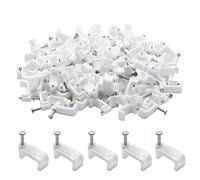 PHITUODA 100pcs 14mm Flat Ethernet Cable Wire Clips Single Coaxial Cable Clamps with Nail for Cable Management(White)