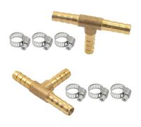 PHITUODA 2 Pcs 1/4" Brass Brass Tee Barb Fittings, 3 Way 3 Way Union Intersection for 1/4" ID Hose, with 6 Stainless Steel Clamps, Hose Barb Fitting for Fuel, Air, Water