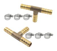 PHITUODA 2 Pcs 5/16" Brass Brass Tee Barb Fittings, 3 Way 3 Way Union Intersection for 5/16" ID Hose, with 6 Stainless Steel Clamps, Hose Barb Fitting for Fuel, Air, Water