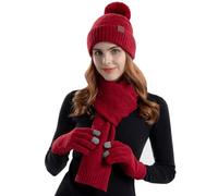 PHLCEhot 3 Pieces Winter Beanie Hats Long Scarf Touch Screen Gloves Thick Knit Skull Cap for Women Girl (wine red)