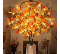 Phliofd 3Pcs Lighted Eucalyptus Leaves Branches, 30” Timer Fall Eucalyptus Stems with Lights,60 LEDs Battery Operated Fall Lighted Tree Branches for vases Home Wedding Table centerpieces Thanksgiving