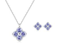 PHNIBIRD Small Four Leaf Clover Necklace With Matching Earrings 925 Silver Hypoallergenic Tanzanite Crystal Set for Women Best Friend Valentines
