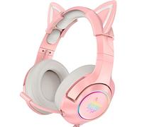 PHNIXGAM Gaming Headset for PS4, PS5, Xbox One Series X/S(No Adapter), PC, Laptop, 3.5mm Cat Ear Headphones with Retractable and Noise Cancelling Microphone, RGB and Surround Sound (Light Pink)