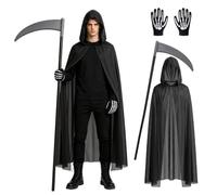 phnydreg 3 Pcs Scary Grim Reaper Costume Halloween Cosplay Outfit for Adult | detachable scythe, black hooded cloak, skeleton gloves, easy to assemble, ideal for Halloween cosplay themed parties