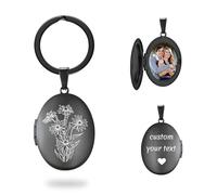 PHOCKSIN Custom Photo Locket Key chain for Women Black Oval Locket Keychain Personalised Birthflower Locket Picture Locket with Text Engraved Customised Gifts for Mum Daughter