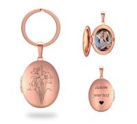 PHOCKSIN Custom Photo Locket Key chain for Women Text & Symbols Engraved Rose Gold Oval Locket Keychain Personalised Birthflower Locket for Women Customised Lockets Gifts for Mum Daughter